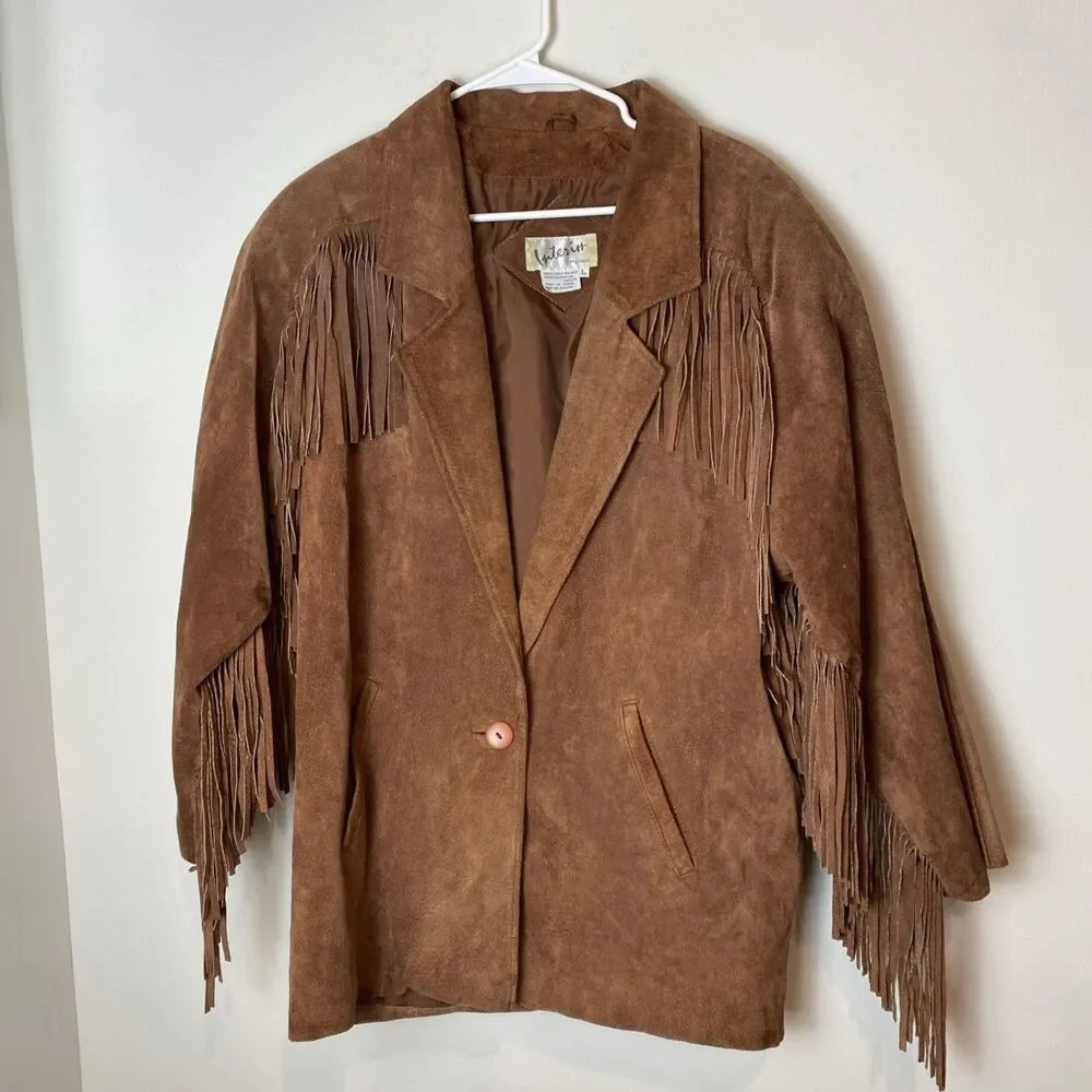 Vintage Leather Suede Fringe Jacket Women Large Brown Western Americana Cowgirl - Picture 1 of 8